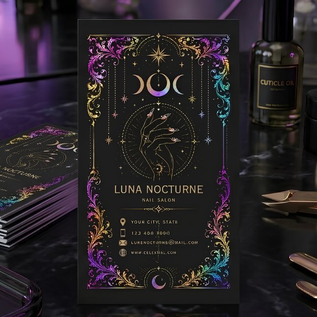 Cartão De Visita Salão de Unhas Celestial de Luxo Código QR Lua Bel (Criador carregado)