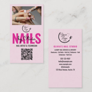 Cartão De Visita Salão de Unhas Logo Código Qr Foto Preto Rosa Choq