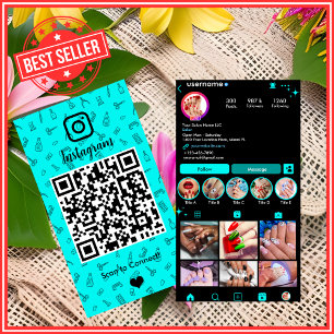 Cartão De Visita Salão de Unhas Vibrante Turquesa Instagram QR
