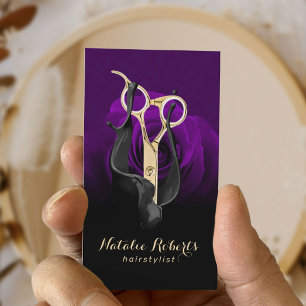 Cartão De Visita Salão Dourado de Tesoura com Rosa de Flor Roxo Sty