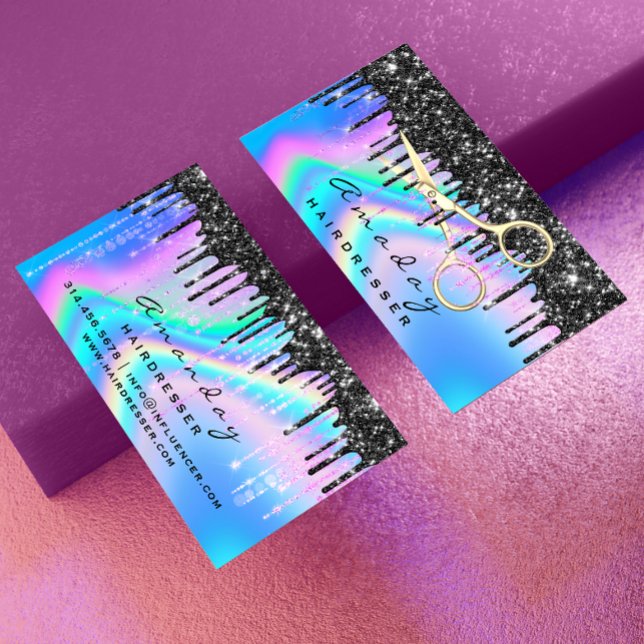 Cartão De Visita Salão Holográfico Bela Bela Negra Dobra Tesoura (Holographic Hair Salon Beauty Black Drips Scissors Business Card)