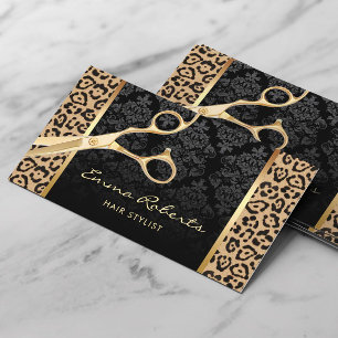 Cartão De Visita Salão Leopardo Moderno com Tesoura Dourada de Hair