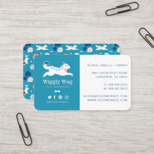 Cartão De Visita Salto de Cão Azul Botânico Floral Serviços Pet
