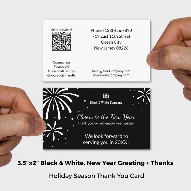 Cartão De Visita Saudação de Ano Novo Preto e Branco e Obrigado (Black & White New Year Greeting & Thank You Business Card; Size: 3.5x2 Inch (US))