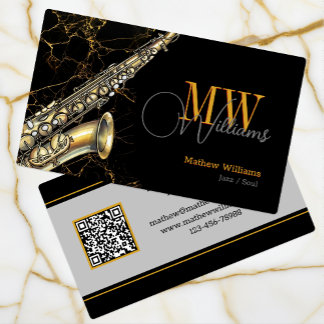 Cartão De Visita Saxofone Jazz Dourado, Preto & Código QR, Monogram