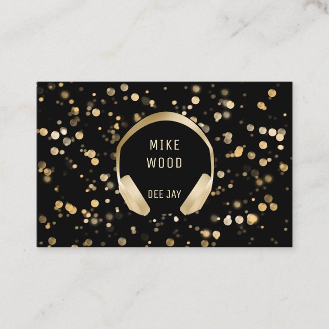 Cartão De Visita Schwarz Dourado Bokeh Kopfhörer DJ Visitenkarte (Frente)