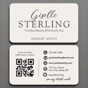 Cartão De Visita Script branco marfim elegante de código QR moderno