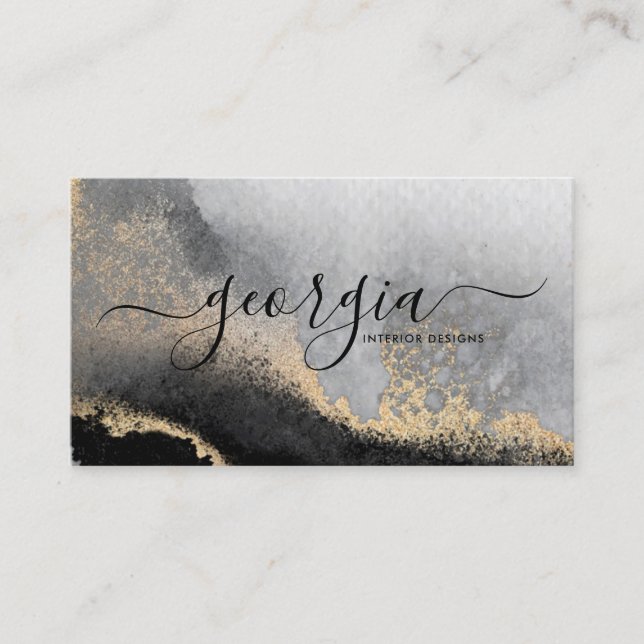 Cartão De Visita Script de Assinatura Aquarela Preto Dourado Mármor (Frente)