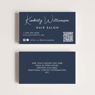 Cartão De Visita Script de Assinatura Chic Código QR Azul