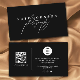 Cartão De Visita Script de assinatura preta QR Code Mídia social