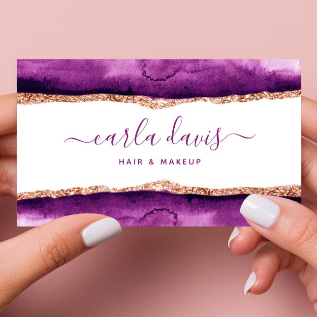 Cartão De Visita Script de Assinatura Roxo e Dourado Aquarela (Criador carregado)