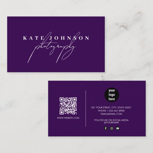 Cartão De Visita Script de Assinatura Roxo Escuro Código QR Mídia s (Frente/Verso)