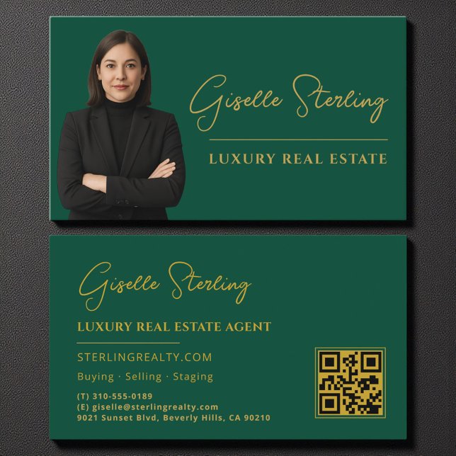 Cartão De Visita Script de Código QR Dourado do Real Estate Emerald (Criador carregado)