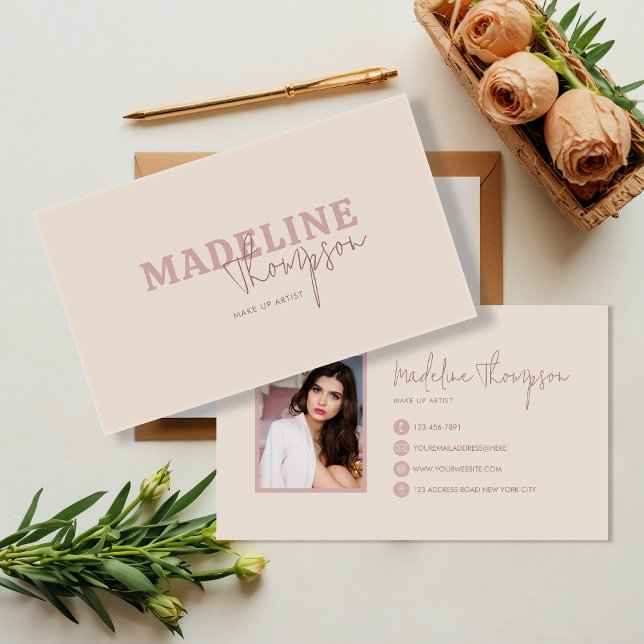 Cartão De Visita Script de Tipografia Rosa Boho Cream (Criador carregado)