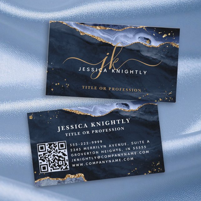 Cartão De Visita Script Dourado do Monograma de Geodo de Agato Azul (Criador carregado)