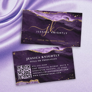Cartão De Visita Script Dourado do Monograma de Geodo de Agato Roxo