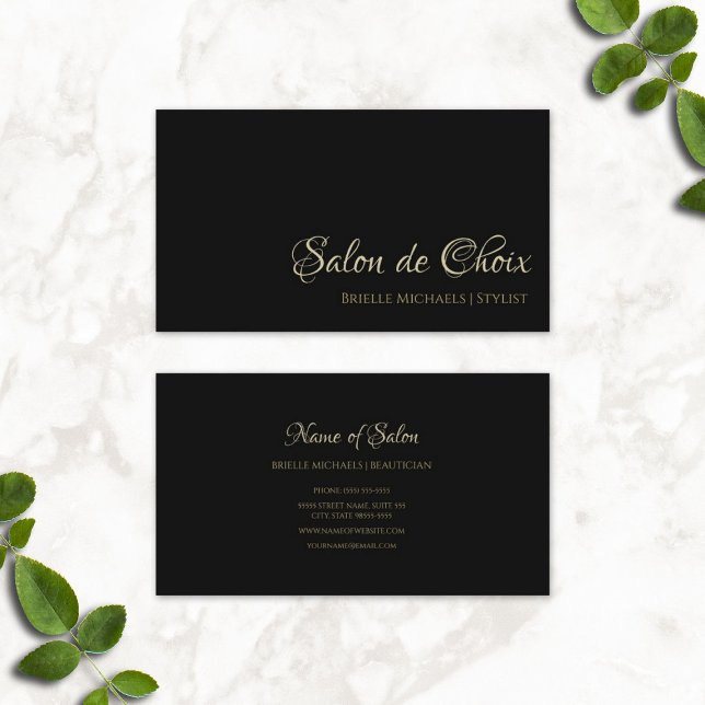 Cartão De Visita Script Dourado e preto mínimo de salão profissiona (Professional Salon Minimal Black and Gold Script Business Cards)