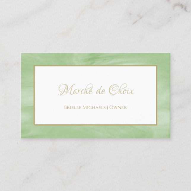 Cartão De Visita Script Dourado Elegante de Mármore Verde de Perido (Frente)