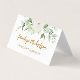 Cartão De Visita Script Dourado Floral e Verde com Código QR Branco