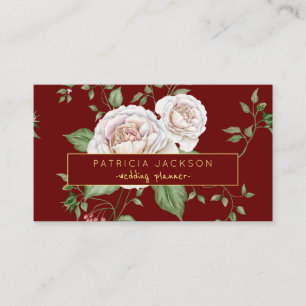 Cartão De Visita Script Dourado Floral Red Burgundy   Planner de Ca