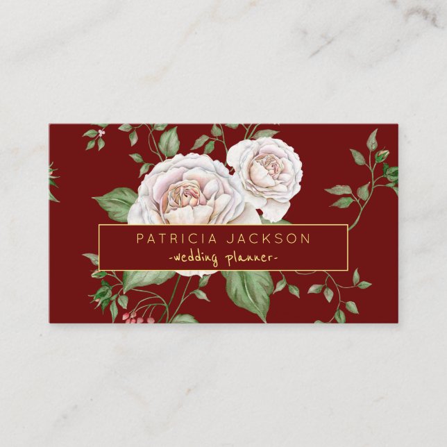 Cartão De Visita Script Dourado Floral Red Burgundy | Planner de Ca (Frente)
