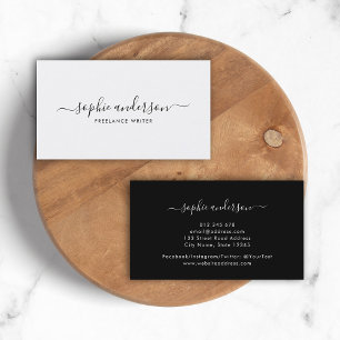 Cartão De Visita Script Elegante Simples, Branco e Preto