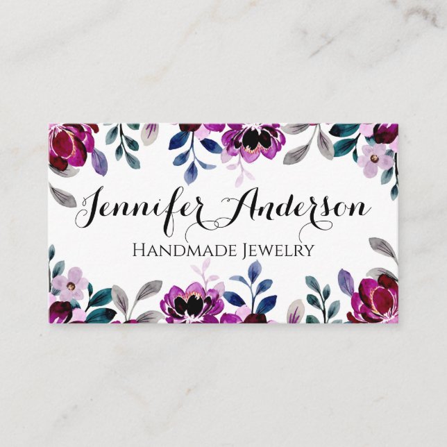 Cartão De Visita Script Floral Burgundy De Molhe De Água Feita À Mã (Frente)