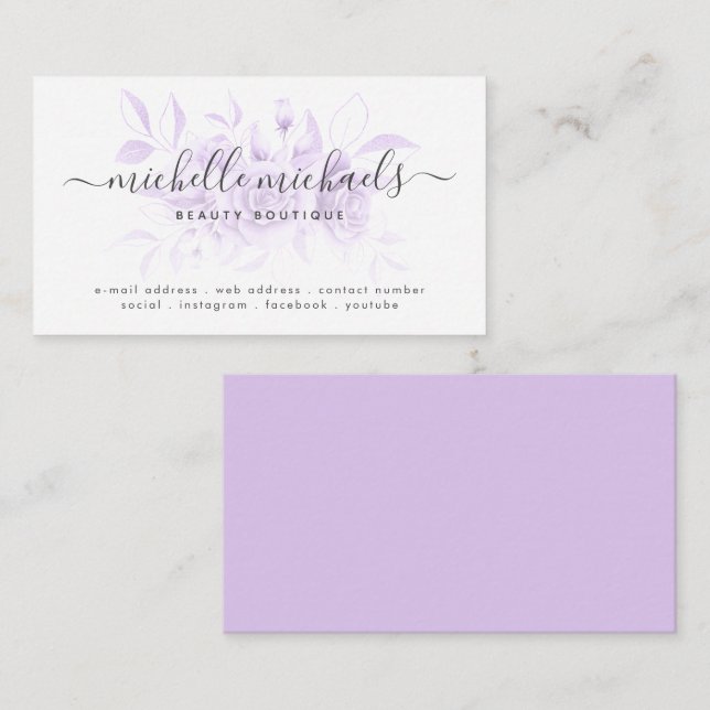 Cartão De Visita Script Floral Mínimo de lavanda Roxo Moderno  (Frente/Verso)