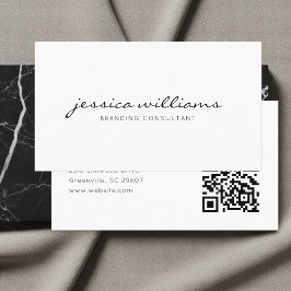Cartão De Visita Script Handwritten White Minimalist QR Code