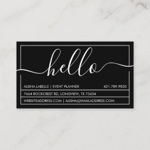 Cartão De Visita Script Hello   Preto mínimo moderno e Na moda