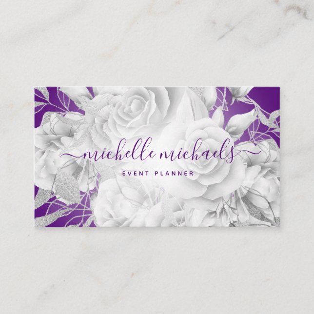 Cartão De Visita Script Moderno Floral Simples Roxo e Prata (Frente)