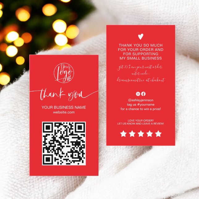 Cartão De Visita Script moderno - obrigado de ordem vermelha do cód (Modern script QR code red order thank you Business Card)