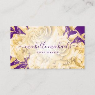 Cartão De Visita Script Moderno Purple Dourado Floral