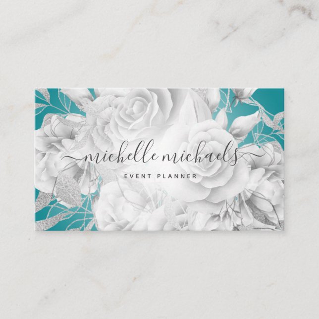 Cartão De Visita Script Moderno Simples Floral Teal & Silver  (Frente)
