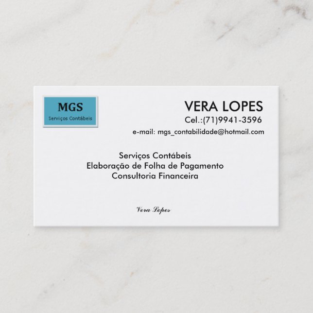 Cartão De Visita Sem título, VERA LOPES, e-mail: mgs_contabilida... (Frente)