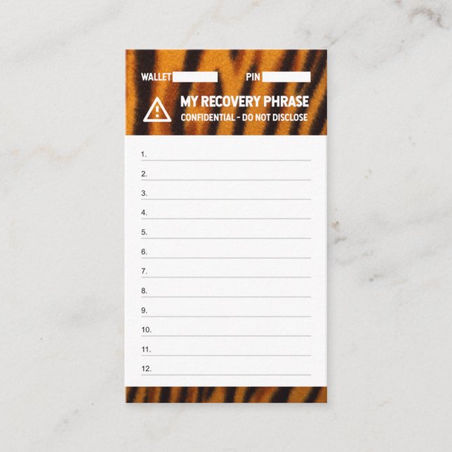 Cartão De Visita Semente de Recuperação de Tigre de Carteira Crypto (Frente)