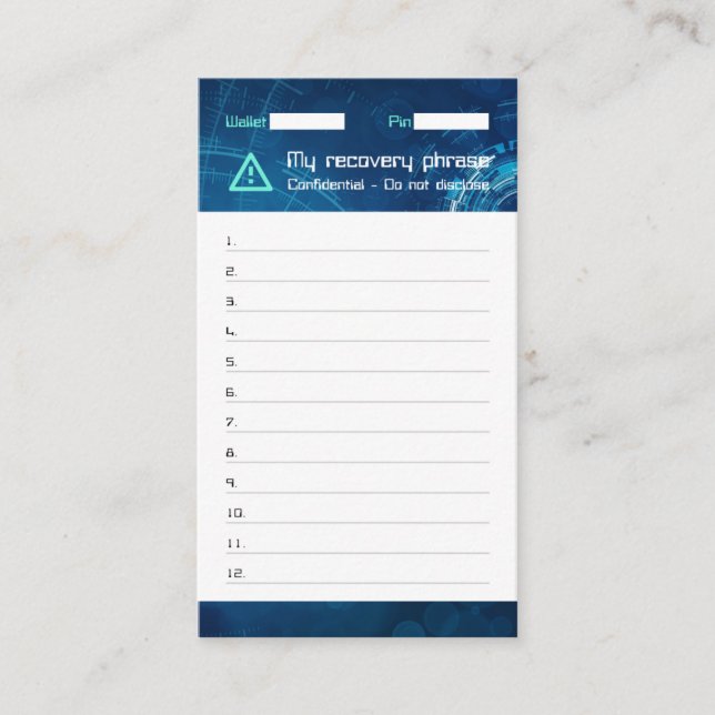 Cartão De Visita Semente de Recuperação do Crypto Wallet Sci-Fi, Fr (Frente)