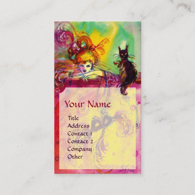 Cartão De Visita SENHORA COM GATO PRETO/Bola de Mascarada Veneza (Frente)
