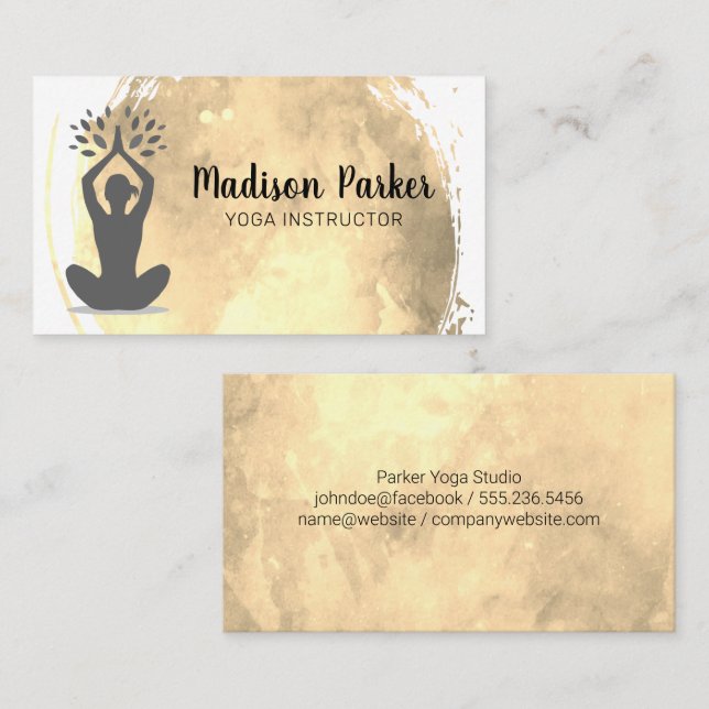 Cartão De Visita Sentado Yoga Pose | Dourada Aquarela Brutada (Frente/Verso)