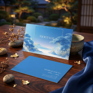 Cartão De Visita Serena Chinoiserie Azul de Inverno Moldura Dourada