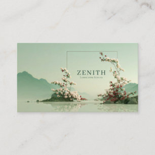 Cartão De Visita Sereno Lago Montanhoso Zen Branco Ramos Florais