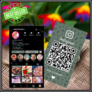 Cartão De Visita Sereno Salão de Unhas Verde Sálvia Instagram QR
