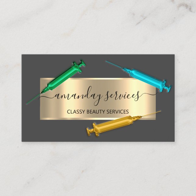 Cartão De Visita Seringa Cosmetologista Botox B12 QRCode Cinza Azul (Frente)