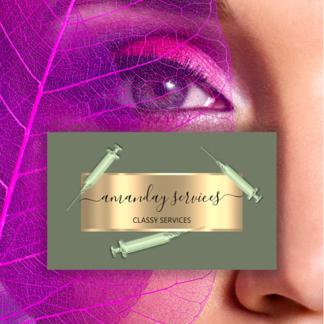 Cartão De Visita Seringa Cosmetologista Botox B12 QRCode Verde (Cosmetologist Syringe Botox B12 QRCode Green Business Card)