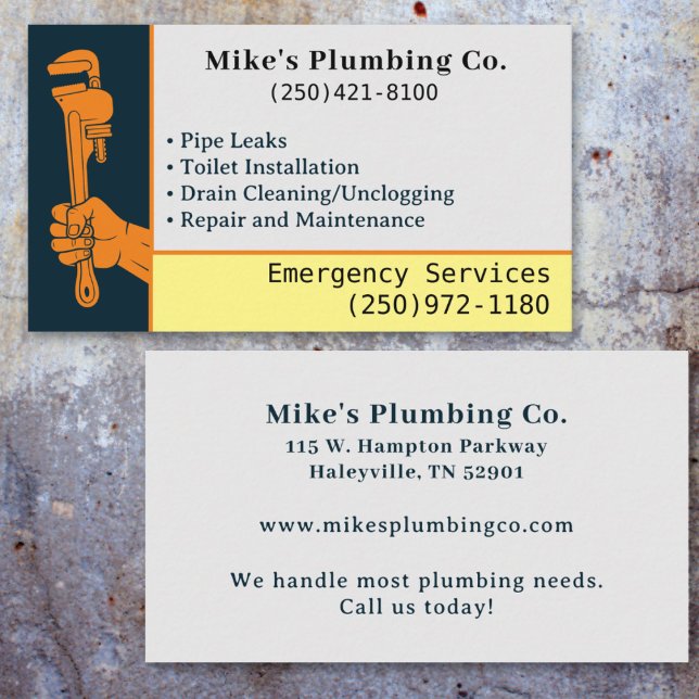 Cartão De Visita Serviço de Canalização Personalizada Profissional (Plumbing Orange and Blue Pipe Wrench Plumber Business Card)