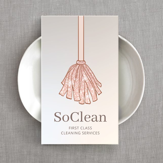 Cartão De Visita Serviço de Limpeza Barramento Glitter Dourado Rosa (Criador carregado)