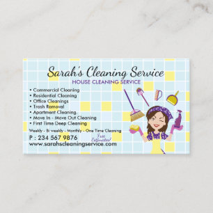 Cartão De Visita Serviço de Limpeza Blue Maid Janitorial Girl