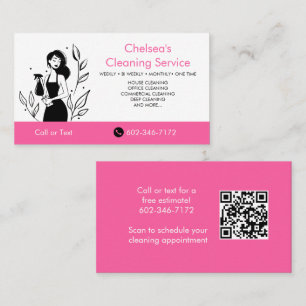 Cartão De Visita Serviço de Limpeza Casa Código QR Rosa Empresa