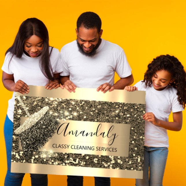 Cartão De Visita Serviço De Limpeza, Casa De Glitter Dourado (Cleaning Service Maid House Keeping Gold Glitter Business Card)