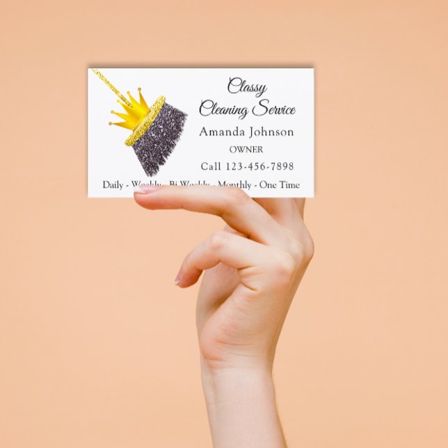 Cartão De Visita Serviço de Limpeza Clássica, Dourada Coroa Branca (Classy Cleaning Service Maid White Gold Crown Business Card)